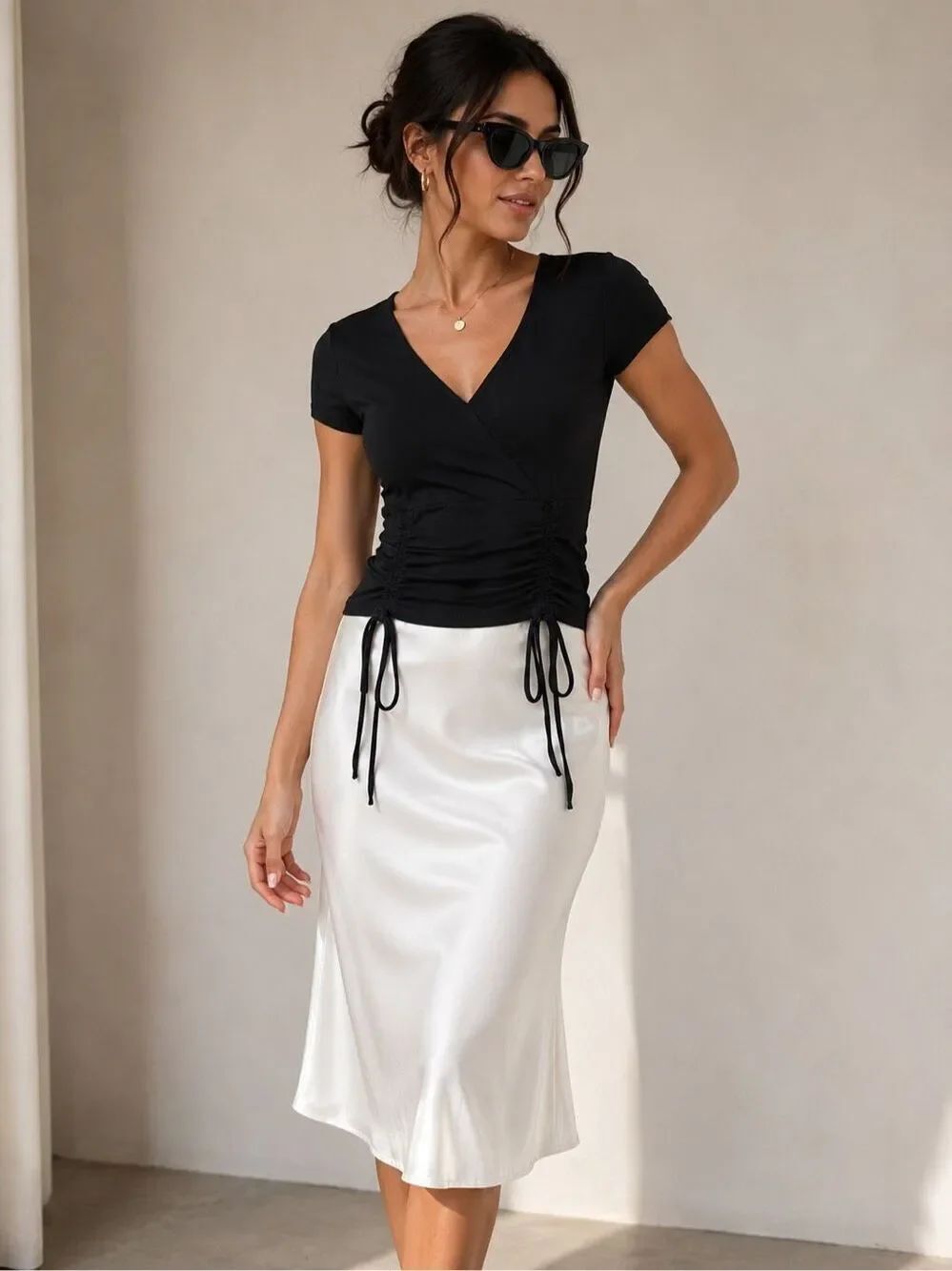 Popular 21 Black Ruched Wrap Crop Top Short Sleeve Drawstring Stretch Size L
